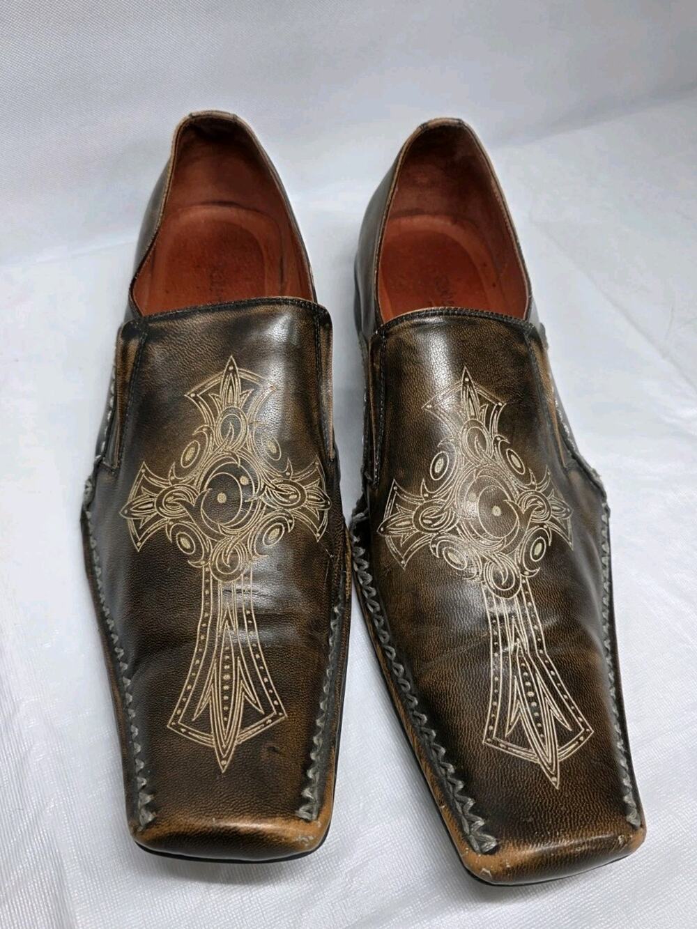 Robert Wayne Embroidered Leather Rome Cross Square Toe Loafers Men's Size 13